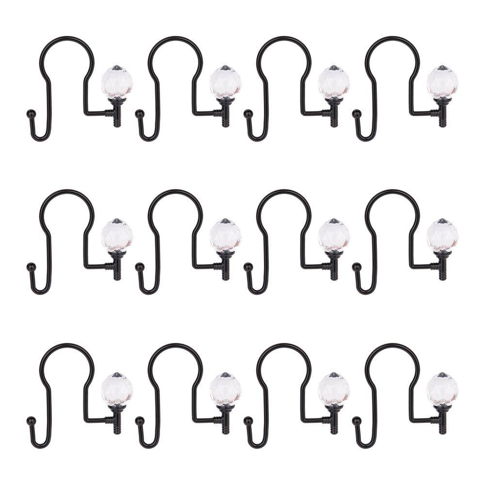 Matte Black Double Shower Curtain Hooks with Crystal Design