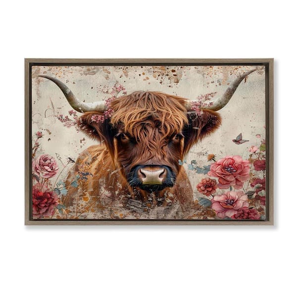 Stupell Industries Highland Cow in Spring by LSR Design Studio Brown Floater Frame Animal Graphic Art Print 21 in. x 31 in.