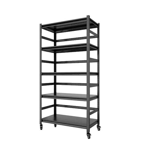 Unbranded Black 5-Shelf Metal Pantry Organizer with Wheels, Height Adjustable