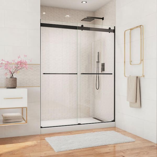 DreamLine Essence 56 in. to 60 in. W x 76 in. H Sliding Frameless Shower Door in Matte Black with Clear Glass