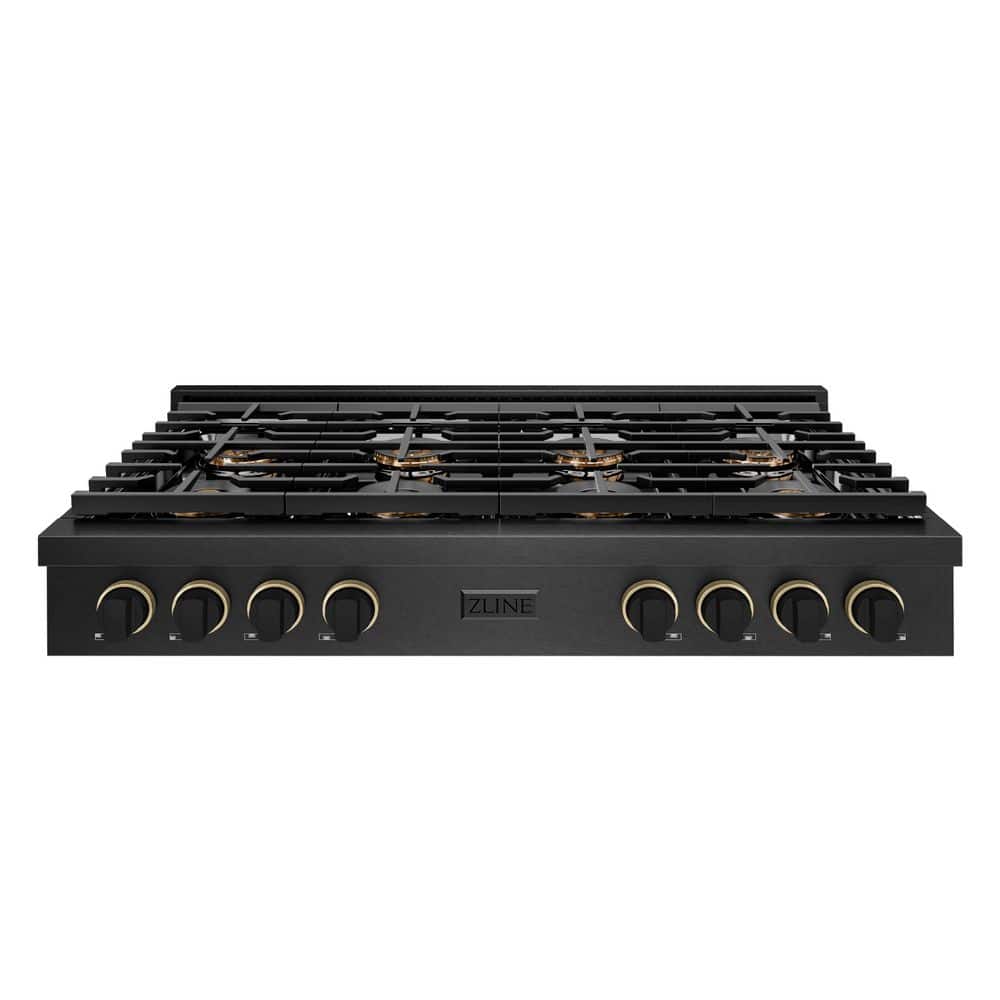 Designer 48 in. Paramount Gas Rangetop with 8 Burner DuoProâ„¢ Cooktop in Black Satin with Black and Champagne Accents