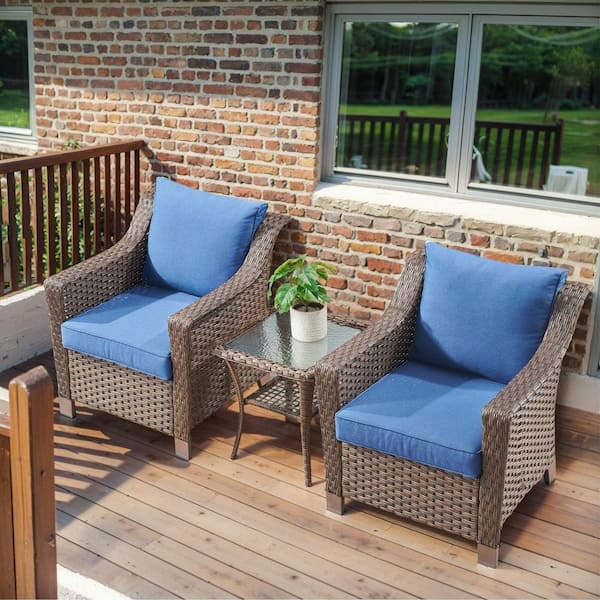Slimline 3-Piece Brown Wicker Patio Conversation Set with Blue Olefin Cushions and 4 in. Wide Armrest/Lounge Chairs
