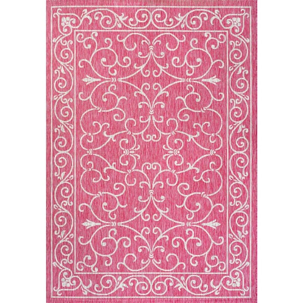 Charleston Vintage Filigree Textured Weave Fuchsia/Light Gray 4 ft. x 6 ft. Indoor/Outdoor Area Rug
