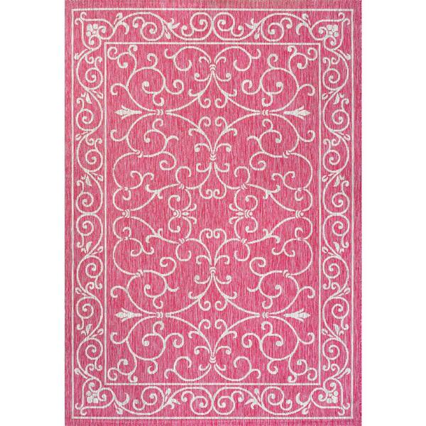 Charleston Vintage Filigree Textured Weave Fuchsia/Light Gray 5 ft. x 8 ft. Indoor/Outdoor Area Rug