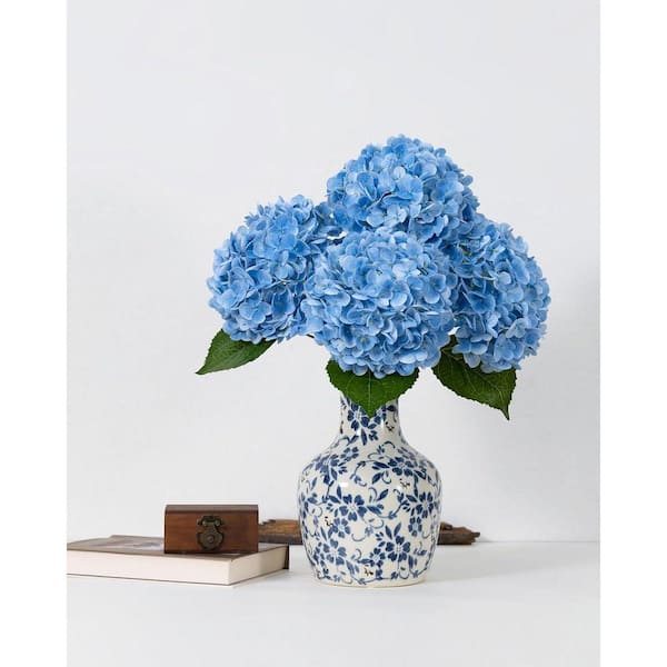 3-Piece 20 in. Blue Hydrangea Artificial Flowers Latex Real Touch