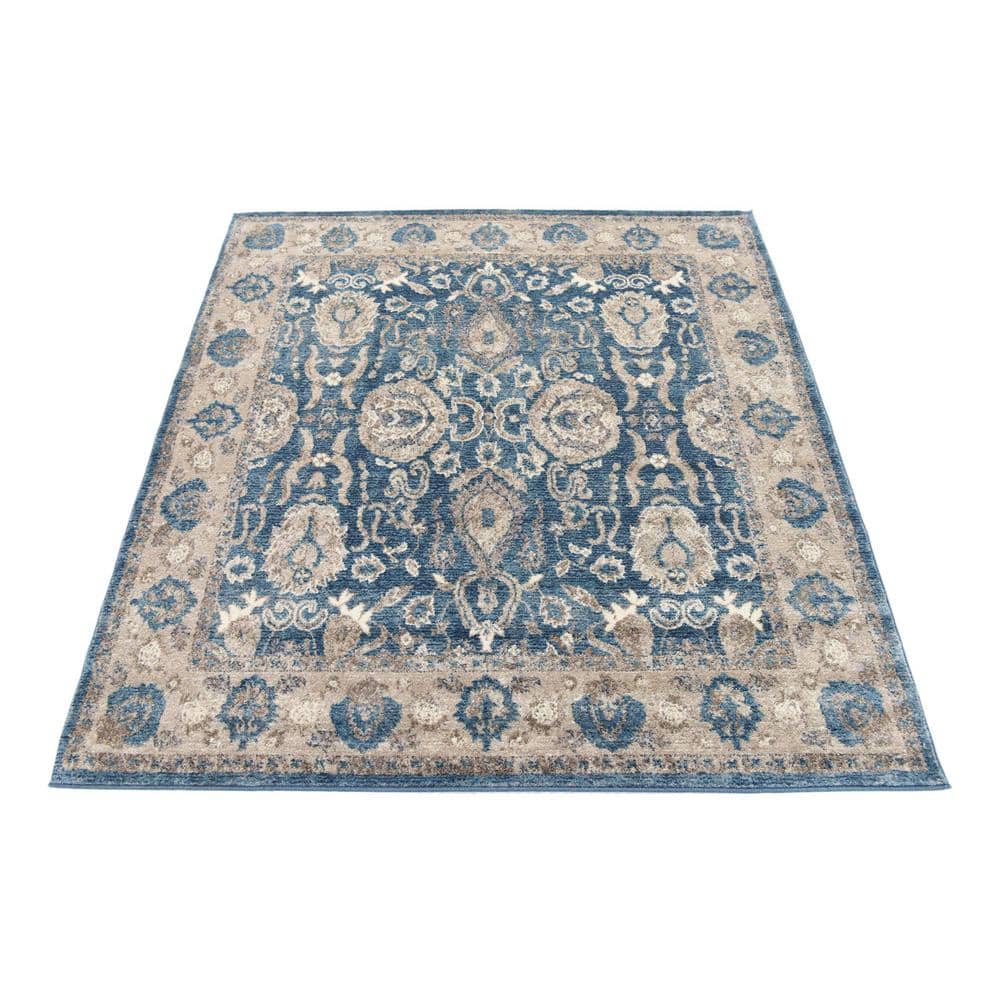 Light Blue Floral Synthetic Square Rug, 5' x 5'