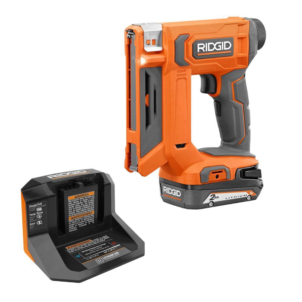 RIDGID 18V Cordless 3/8 in. Crown Stapler Kit with 2.0 Ah Battery and Charger (R09897K)