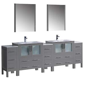 Torino 96 in. Double Vanity in Gray with Ceramic Vanity Tops in White with White Basins,Side and Middle Cabinet,Mirrors