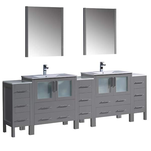 Fresca Torino 96 in. Double Vanity in Gray with Ceramic Vanity Tops in White with White Basins,Side and Middle Cabinet,Mirrors
