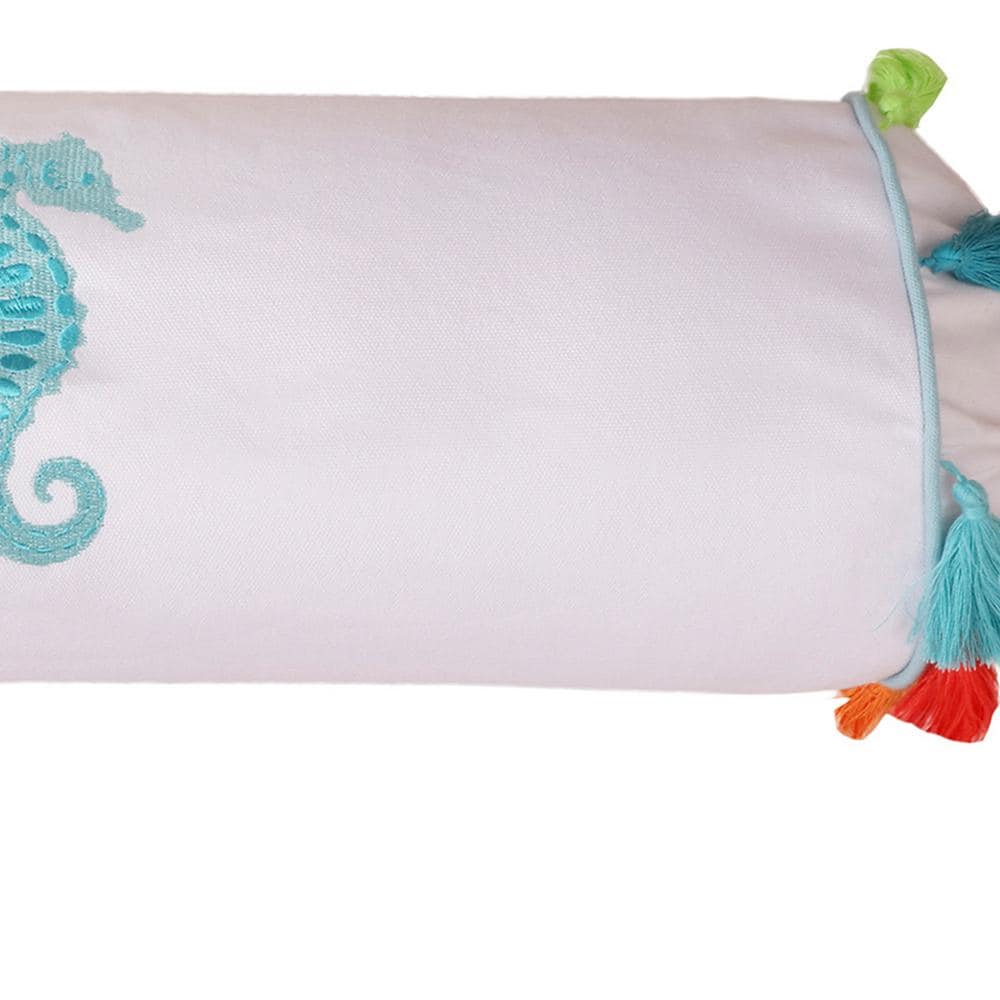 Teal and Cream Embroidered Seahorse Cylinder Throw Pillow