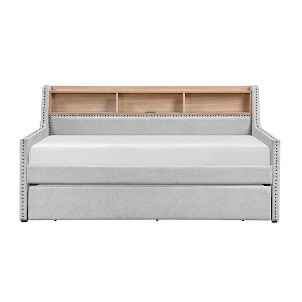 Corrina Light Gray Textured Upholstered Nailhead Twin Daybed with Trundle