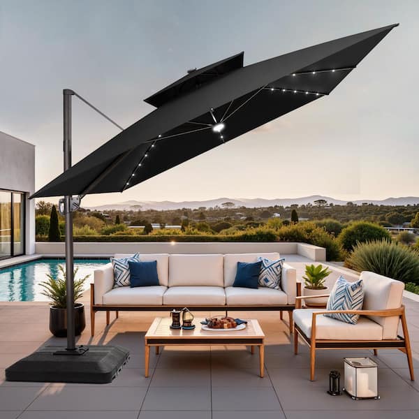 black solar powered offset patio umbrellas espidoo 10ft LED Umbrella: Hanging Market Umbrella with 40 LED Lights - Dark Green Water-Resistant Polyester for Backyard, Poolside & Outdoor Dining Youll love how the foldable handle keeps things looking tidy 10ft Cantilever Umbrella with Solar
