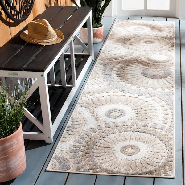 Cabana 2 ft. x 15 ft. Gray/Ivory Medallion Floral Indoor/Outdoor Runner Rug