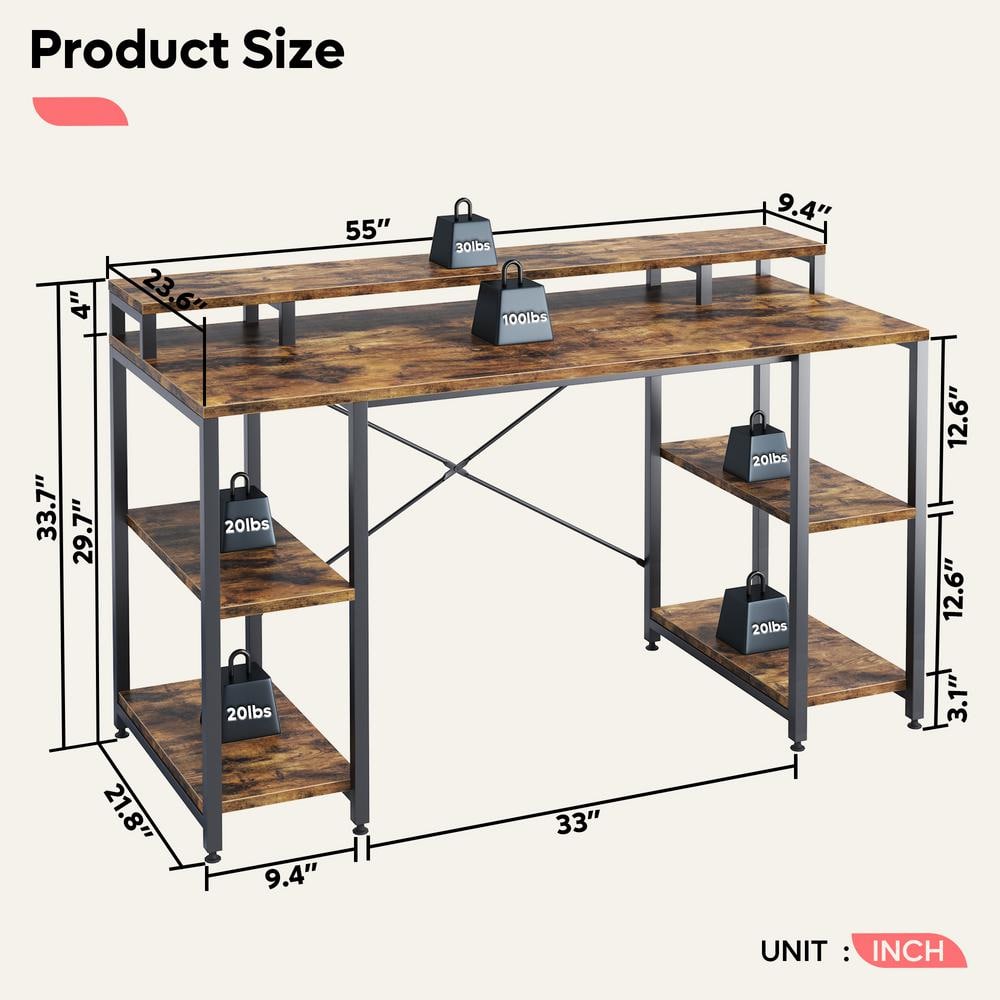 Rustic Brown Wood Gaming Desk with Monitor Shelf