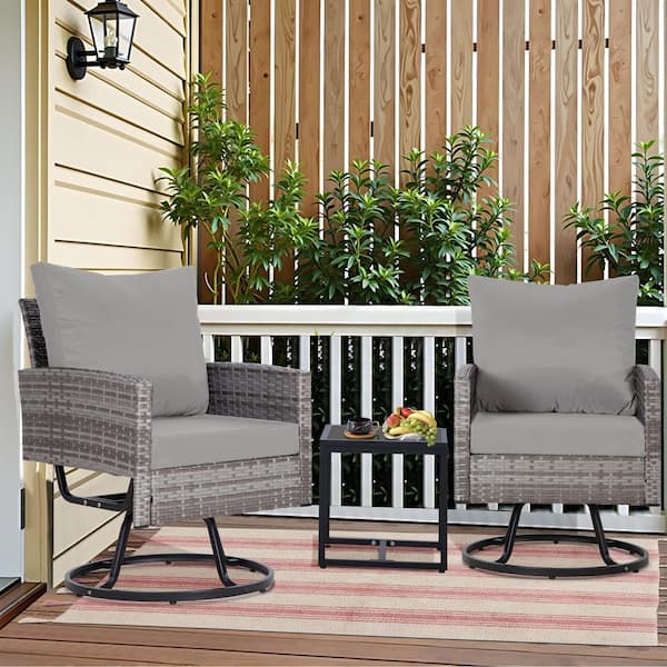 3-Piece Grey Wicker Swivel Rocker Patio Conversation Set with Grey Cushions