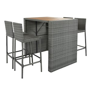 5-Piece Wicker Outdoor Bistro Set, Bar Height Chairs with Non-Slip Feet Fixed Rope, Gray Cushion, Acacia Wood Table Top