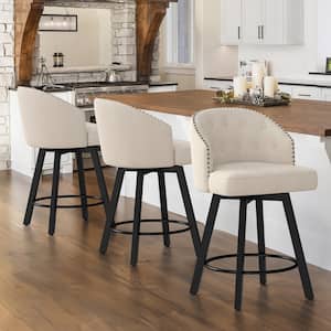 Arturo 26 in.Linen Fabric Upholstered Swivel Bar Stool with Metal Frame Nailhead Counter Barstool Set of 3
