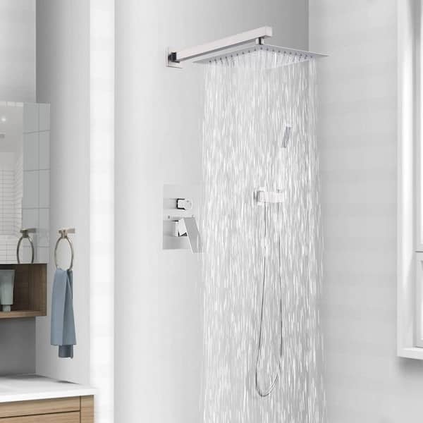 Single Handle 2-Spray Square High Pressure Shower Faucet with Hand Shower in Chrome Ceramic Disc (Valve Included)