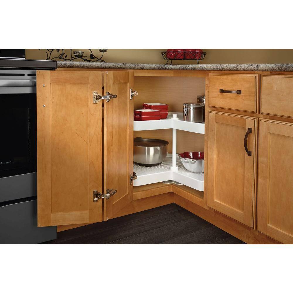 32" White Polymer Kidney Shape Lazy Susan with Double Shelves