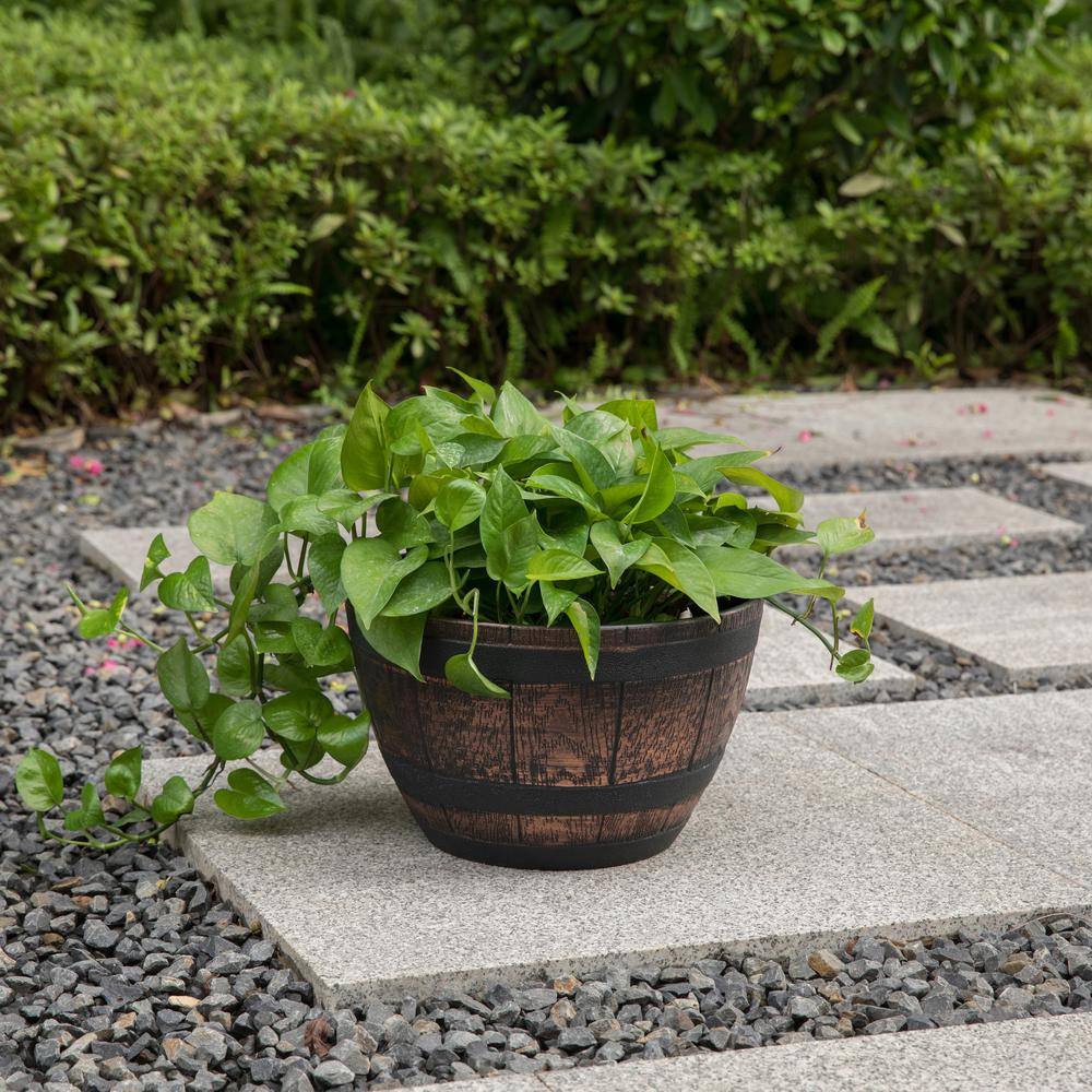 Small Brown Rustic Plastic Half Barrel Planter Bowl
