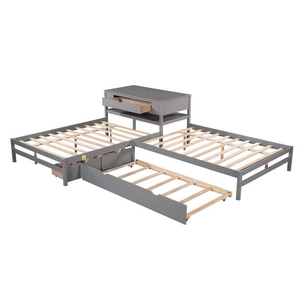 STICKON 134.9 in. W Gray Full Size Wood Frame L-Shaped Platform Bed with Built-in Rectangle Table Twin Size Trundle and Drawers