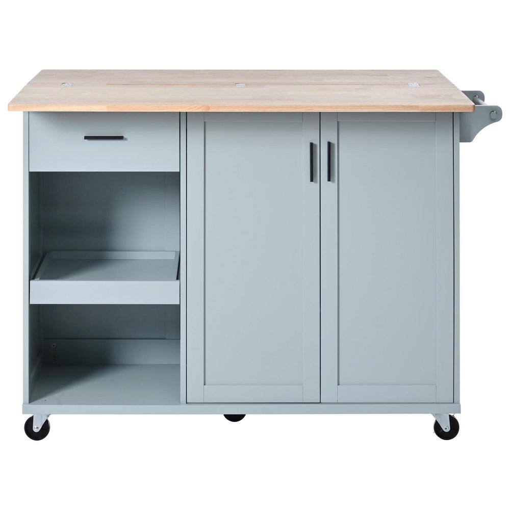 Grey Blue Rubber Wood Kitchen Cart with Towel Rack and Foldable Counter Top