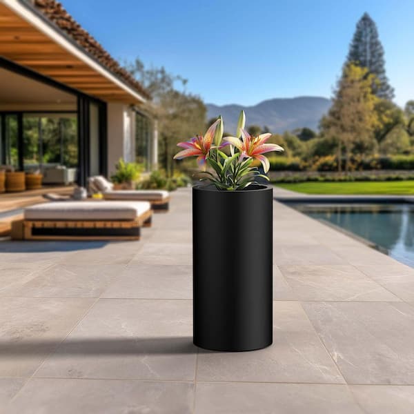 14.5 in. Large Charcoal Black (Enhanced Interior) Concrete Round Planter / Pot with Drainage Holes