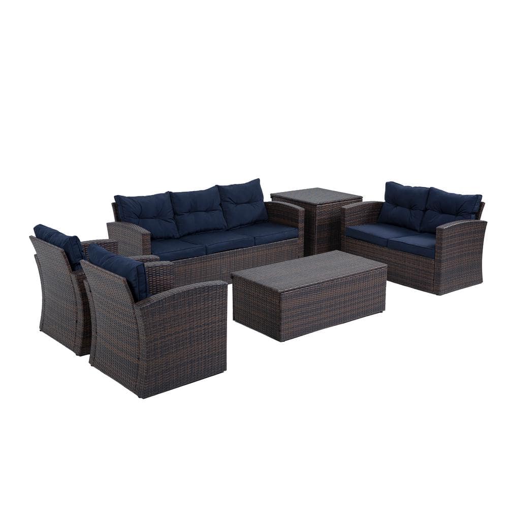 6-Piece Wicker Outdoor Dining Set with Washed Blue Cushion