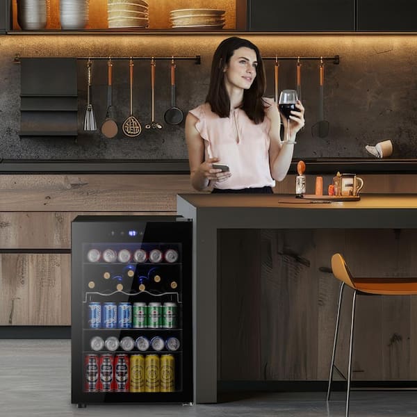 20.28 in. 37-Bottle 145-Can Single Zone Beverage and Wine Cooler Blue LED Lights in Black