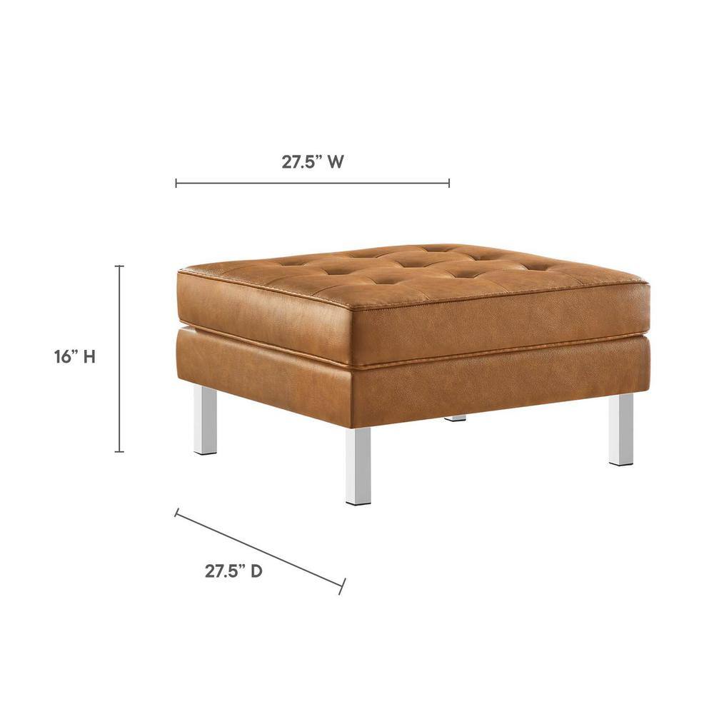 Loft Tufted Tan Faux Leather Ottoman with Silver Legs