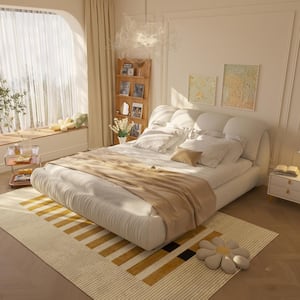 High End Beige Wood Frame Queen Upholstered Platform Bed with Oversize Headboard, Thickened Slats, Pleating Bed Body