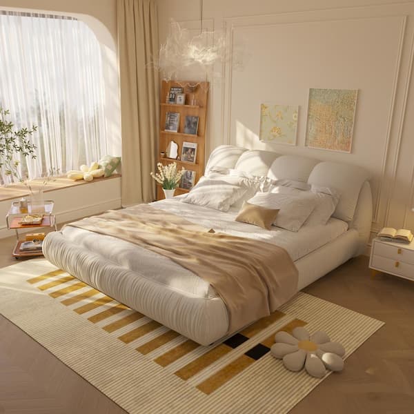 Harper & Bright Designs High End Beige Wood Frame Queen Upholstered Platform Bed with Oversize Headboard, Thickened Slats, Pleating Bed Body