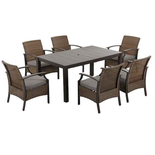 Mondawe 7-Piece Wicker Outdoor Dining Set Sectional Seating Arm Chair Table Set with Grey Cushions