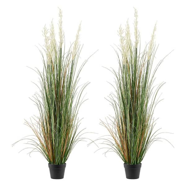 Artificial Grass Plant, 2 Pack 59 in. Faux Reed Flower Grass in Pot, Premium PVC Fake Greenery Shrubs Plant, Green