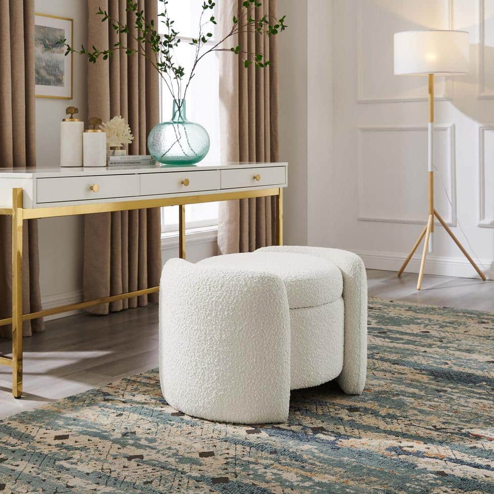 Ivory Boucle Round Upholstered Storage Ottoman