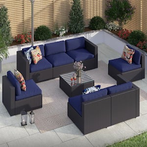 Dark Brown Rattan Wicker 7 Seat 8-Piece Steel Outdoor Patio Conversation Set with Blue Cushions and Coffee Table