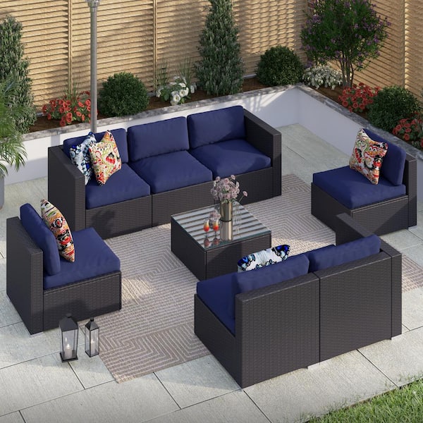 PHI VILLA Dark Brown Rattan Wicker 7 Seat 8-Piece Steel Outdoor Patio Conversation Set with Blue Cushions and Coffee Table