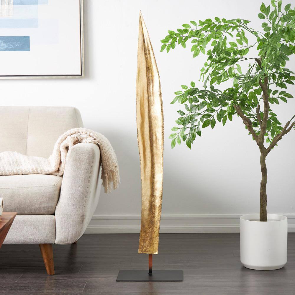 Litton Lane Gold Polystone Slim Abstract Leaf Sculpture with Black Metal Stand 044412 The Home
