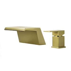 Single-Handle Deck-Mount Roman Tub Faucet Waterfall Modern Brass Bathroom Bathtub Filler in Brushed Gold