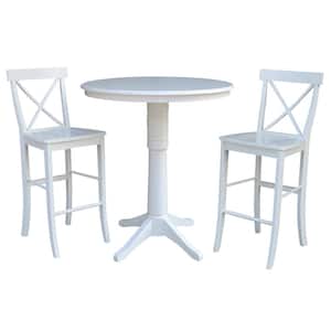 3-Piece Set Olivia White Solid Wood 36 in Round Pedestal Bar-height Table with 2 Alexa Armless Bar Stools