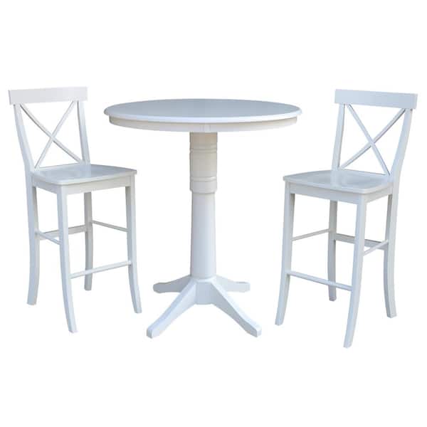 3-Piece Set Olivia White Solid Wood 36 in Round Pedestal Bar-height Table with 2 Alexa Armless Bar Stools