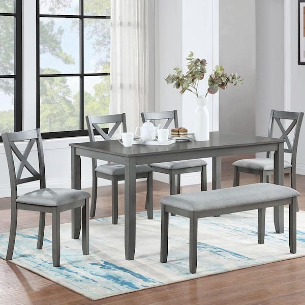6-Piece Gray Kitchen Dining Table Set Wooden Top Rectangular Dining Table, 4 Dining Chairs and Bench