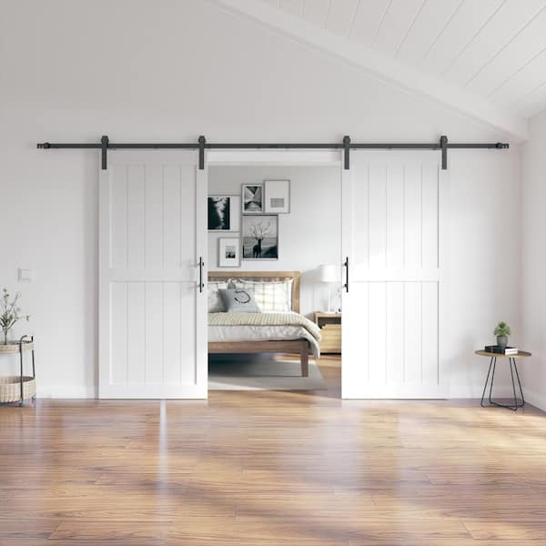 SANDING 72 in. x 84 in. MDF Sliding Barn Door with Hardware Kit, Covered with Water-Proof PVC Surface, White, H-Frame