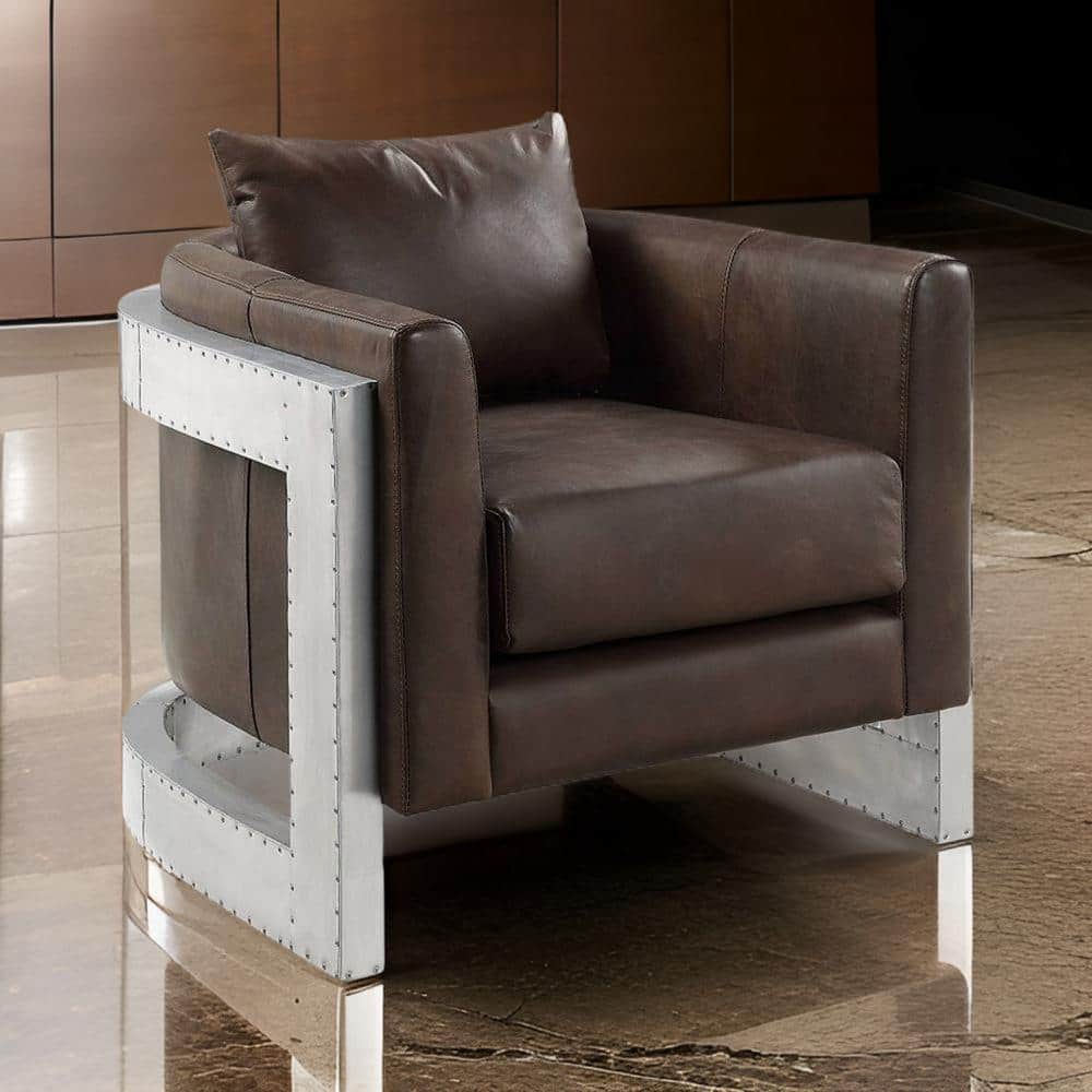 Jane 33" Brown Leather Accent Chair with Metal Frame