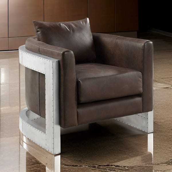 Benjara Espresso Brown and Silver Leather Arm Chair