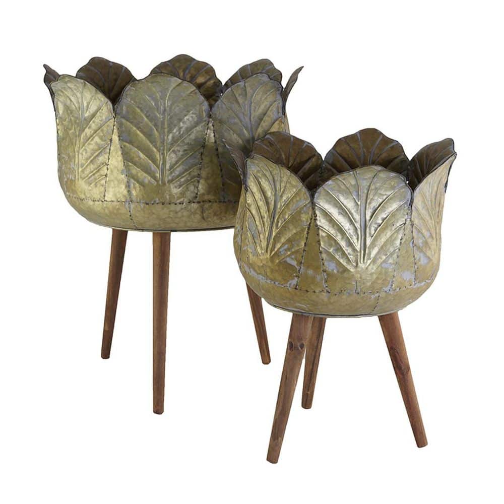 Set of 2 Metal Planter with Wood Legs Stand, L:D 18.5 x 23.5 in. S:D 15.7 x 20 in. price history on PriceWatchPro
