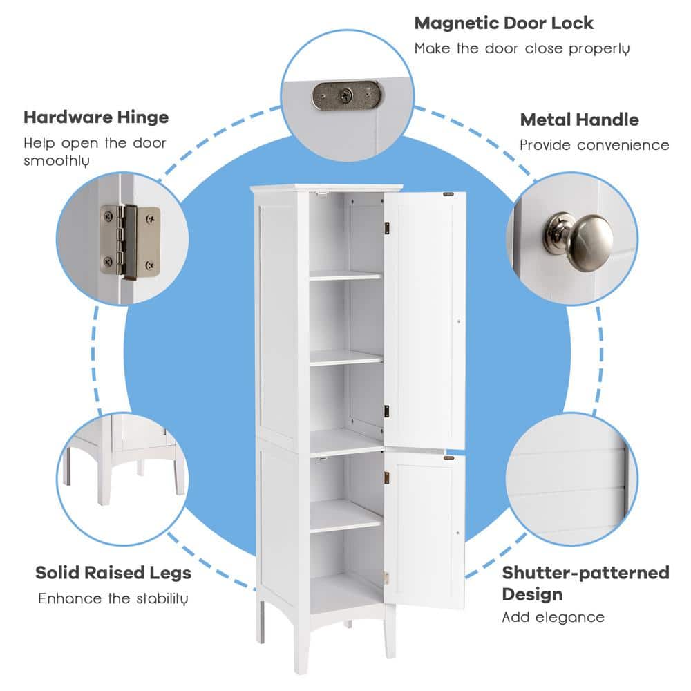 Tall White MDF Freestanding Storage Cabinet with 5 Shelves and 2 Doors