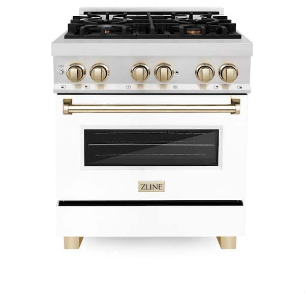 ZLINE Kitchen and Bath Autograph 30 in. Legacy Dual Fuel Range with 4 Burners and Electric Oven in Satin Steel with White and Gold Accents