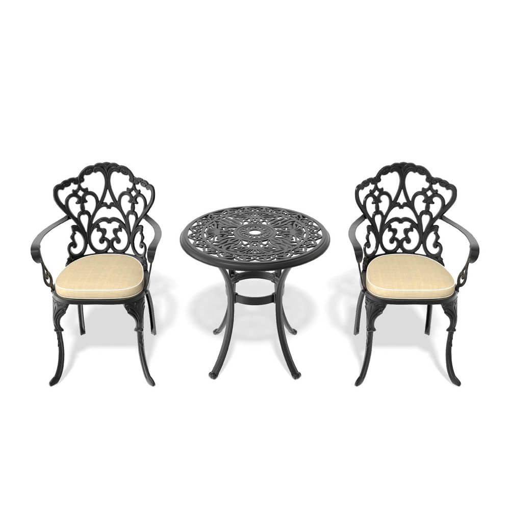 3-Pieces Metal Outdoor Bistro Set 26 in. Round Table with Umbrella Hole and Chairs with Beige Cushion price history on PriceWatchPro