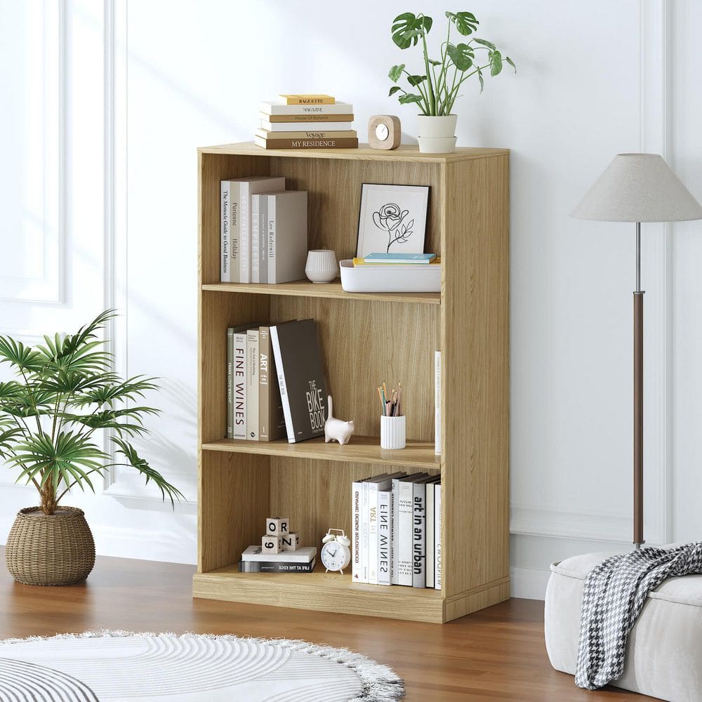 49 in. Tall Natural Wood Grain Wood 3-Shelf Open Bookcase with Storage